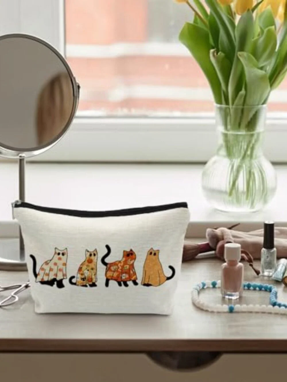 Linen Makeup Bag with Zipper - Waterproof Canvas Interior - Cat Lover Gift